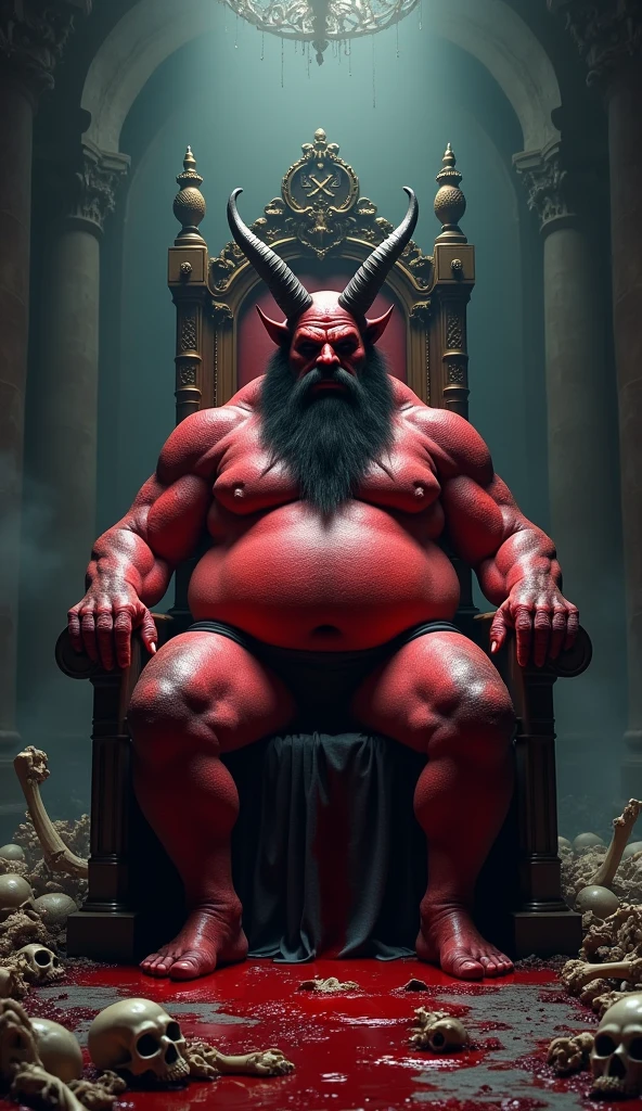satan ,royal hall, pool of blood, red skin, chubby, hairy, hairy belly, Holding your big belly, high resolution, ultra-detailed, sharp focus, detailed eyes, symmetrical eyes, expressive eyes, clear pupils, focused gaze , king's expression is intimidating with a sense of authority, solo, masterpiece, best quality, male, mature, manly, detailed nipples, detailed navel, photorealistic, 8k, (wide dynamic range, hdr:1.2), sitting, (night:1.2), light, looking at viewer, pose, fitted underwear with a very large, realistic bulge at the front, emphasizing the natural shape, detailed fabric texture, soft shadows highlighting the contours, emphasizing the natural shape, detailed fabric texture, Blood, bones and human skulls on the ground, soft shadows highlighting the contours ,full body, spread legs, shadow, leaning back, hell, very short fur, detailed skin texture, high contrast lighting, feet