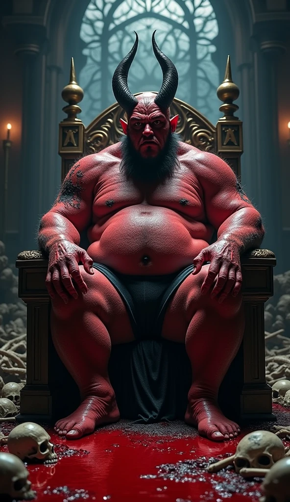satan ,royal hall, pool of blood, red skin, chubby, hairy, hairy belly, Holding your big belly, high resolution, ultra-detailed, sharp focus, detailed eyes, symmetrical eyes, expressive eyes, clear pupils, focused gaze , king's expression is intimidating with a sense of authority, solo, masterpiece, best quality, male, mature, manly, detailed nipples, detailed navel, photorealistic, 8k, (wide dynamic range, hdr:1.2), sitting, (night:1.2), light, looking at viewer, pose, fitted underwear with a very large, realistic bulge at the front, emphasizing the natural shape, detailed fabric texture, soft shadows highlighting the contours, emphasizing the natural shape, detailed fabric texture, Blood, bones and human skulls on the ground, soft shadows highlighting the contours ,full body, spread legs, shadow, leaning back, hell, very short fur, detailed skin texture, high contrast lighting, feet