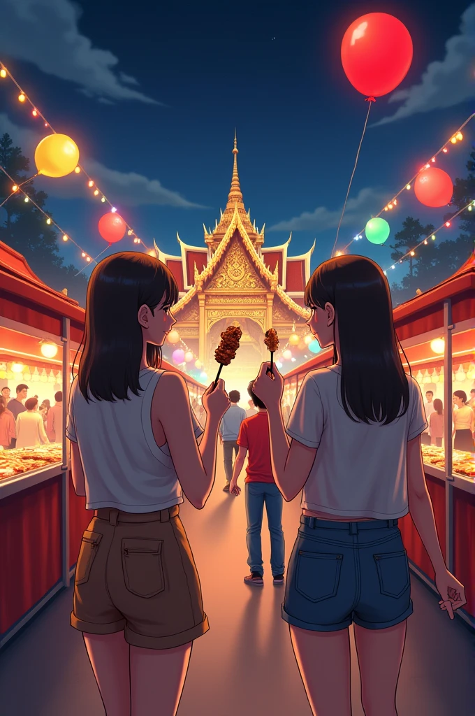 A vibrant Thai temple fair at night with colorful lights, food stalls, and balloon vendors. Two Asian women in casual clothes are enjoying the atmosphere. One man is holding a skewer of grilled meat, while the other is holding a bright red balloon. Traditional Thai decorations and a temple structure are visible in the background, with a lively crowd around them."