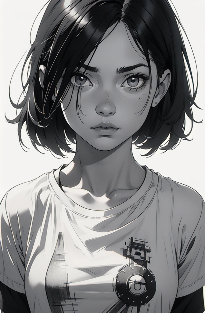 1 boyish girl, solo, sharp eyes, expressionless, monochrome, greyscale, short black hair, portrait, white T-shirt, closed mouth, (looking at viewer), graphite \(medium\), detailed lips, hatching \(texture\), without makeup, bangs, (upper body), (best illustration), (best quality), (very detailed), (masterpiece), expressionless,