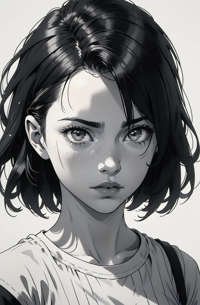 1 boyish girl, solo, sharp eyes, expressionless, monochrome, greyscale, short black hair, portrait, white T-shirt, closed mouth, (looking at viewer), graphite \(medium\), detailed lips, hatching \(texture\), without makeup, bangs, (upper body), (best illustration), (best quality), (very detailed), (masterpiece), expressionless,