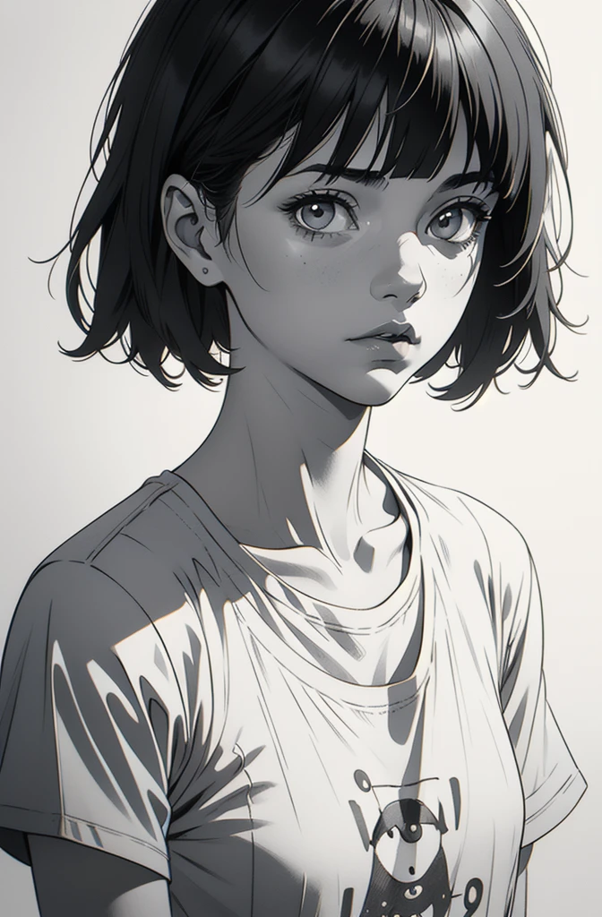1 boyish girl, solo, sharp eyes, expressionless, monochrome, greyscale, short black hair, portrait, white T-shirt, closed mouth, (looking at viewer), graphite \(medium\), detailed lips, hatching \(texture\), without makeup, bangs, (upper body), (best illustration), (best quality), (very detailed), (masterpiece), expressionless,