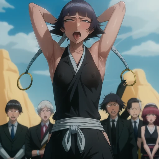 ( Animation screenshots:1.1),outdoor, Nipple exposure, 1 female, Solitary, Black Hair, Side breast,eternal, short hair with long locks, Japanese clothing, - Hip vents, No underwear,short hair, Small Breasts, (White eyes:1.1),No eyeballs, Also available in black, no head gear,low twin braids,Facing the audience, Looking at the audience, tired, From below, (露armpit:1.1), ((armpit:1.2)), Sexy, Sweating, More and more sweat,(Aheiyan), (翻White eyes), Naughty face, blush, open mouth, Sticking out tongue, saliva, Sloppy person,Runny nose,Skinny, Raise your arms, (Raise your arms above your head:1.5), Stick out your tongue, Slobber, White eyes, White eyes球, syncope, Sticking out tongue, 翻White eyes.