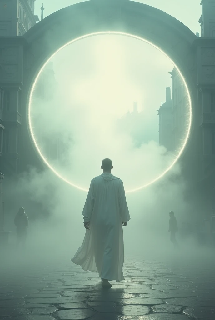 Spiritual man dressed in white entering a round, foggy portal, in a large square in a town