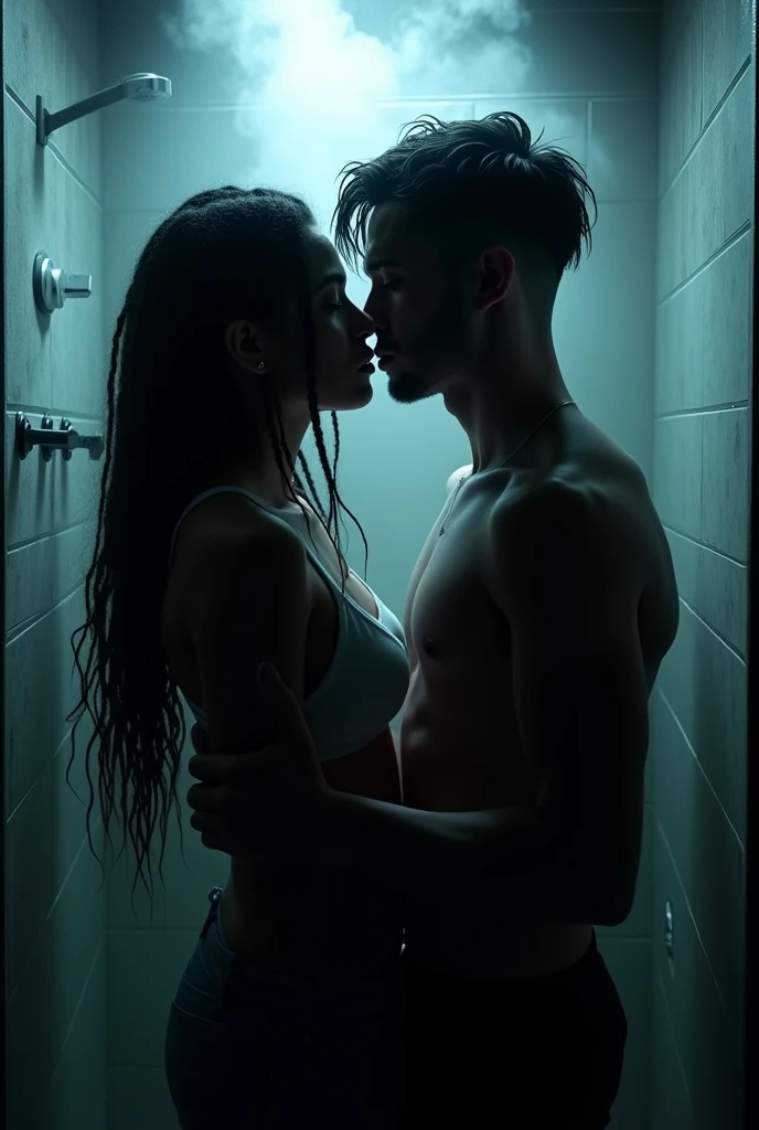 Show me a dark scene at night of a shower with steam through the fogged glass with drops very detailed you can see the silhouette of a woman with black hair with dreadlocks casual and that of a man with short hair shaved on the sides black with white bangs disheveled romantic dynamic poses