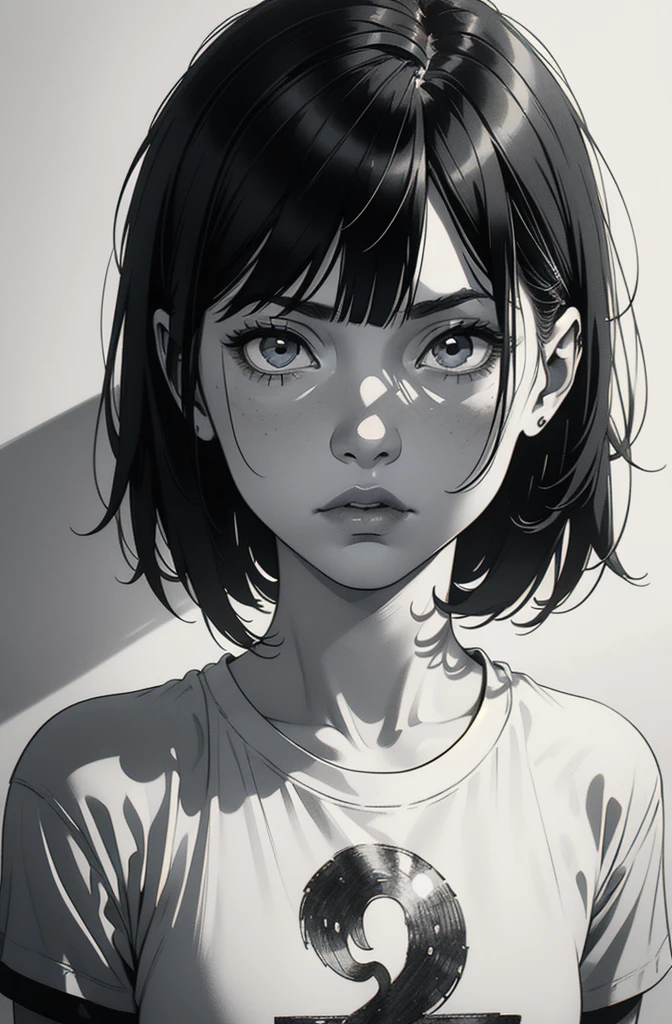 1 boyish girl, solo, sharp eyes, expressionless, monochrome, greyscale, short black hair, portrait, white T-shirt, closed mouth, (looking at viewer), graphite \(medium\), detailed lips, hatching \(texture\), without makeup, bangs, (upper body), (best illustration), (best quality), (very detailed), (masterpiece), expressionless,