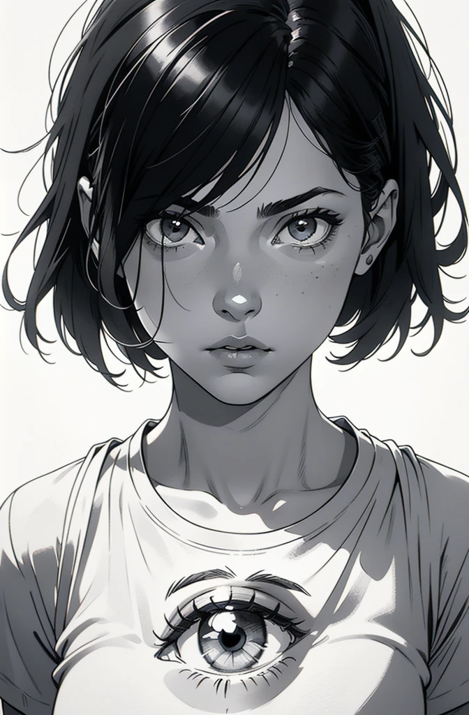 1 boyish girl, solo, sharp eyes, expressionless, monochrome, greyscale, short black hair, portrait, white T-shirt, closed mouth, (looking at viewer), graphite \(medium\), detailed lips, hatching \(texture\), without makeup, bangs, (upper body), (best illustration), (best quality), (very detailed), (masterpiece), expressionless,