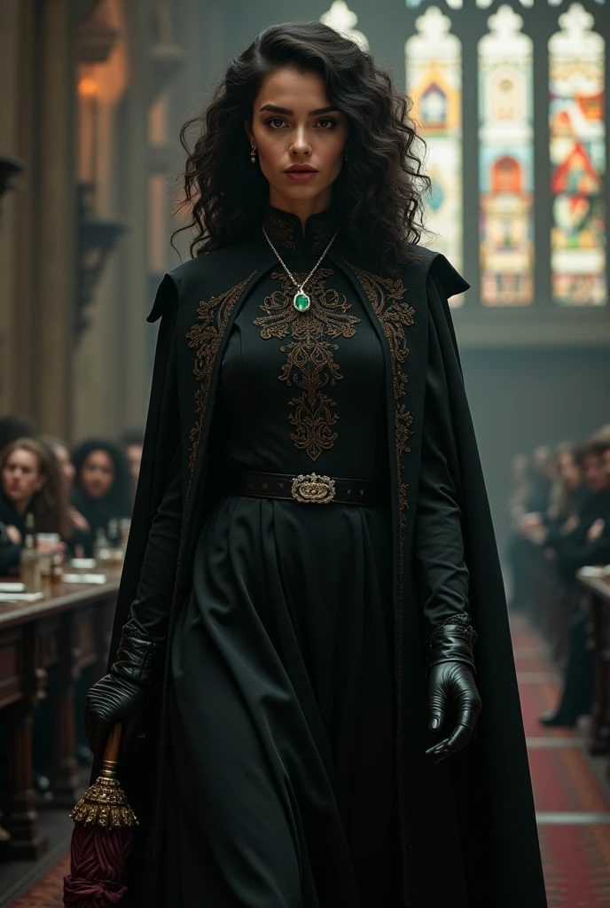 "A tall and impressive female character, who is the Defense Against the Dark Arts professor at Hogwarts. It measures 1,74 meters high, dresses entirely in black, holds an embroidered umbrella, is covered by a traveling cloak and has black leather gloves on her hands. wears a black dress, with embroidered high collar and embroidered long sleeves. Her very black curls fall to her shoulders. Your skin is mixed race, of a medium brown with a cool undertone, grayish, without any pink tone on the face. She has a delicate face with fine features, fine nose, pronounced cheekbones, delicate mouth and pointed chin. She has heterochromia in her eyes, the right eye is black and the left eye is green. She wears a locket with a small, delicate emerald with small, delicate silver details.. She walks through the hall with elegance, leaving everyone present fascinated by his mysterious and attractive presence. Students must be seated at tables in the Hogwarts Great Hall., Ao fundo.”
