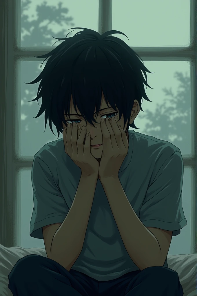 Lonely teenager boy Hiding face anime theme
