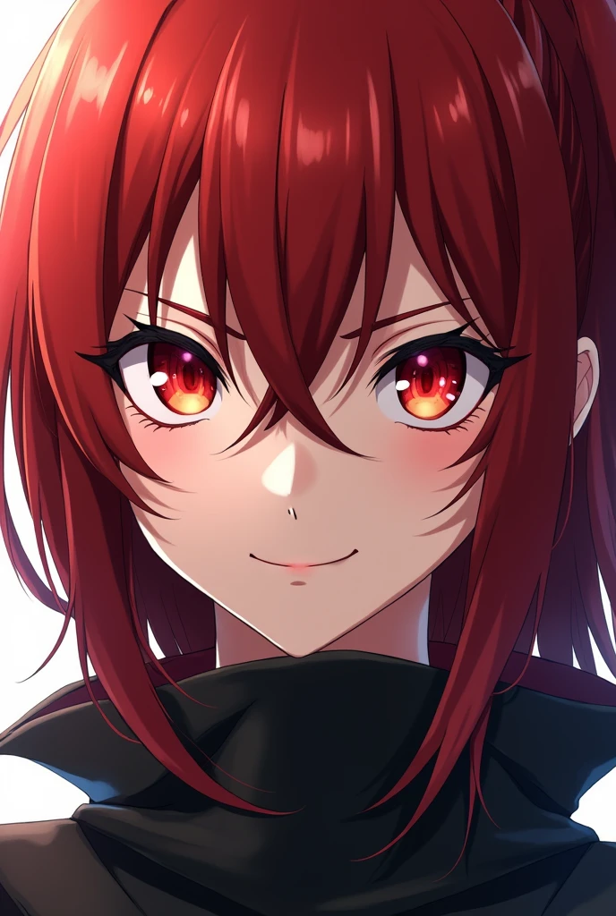an anime girl, redhead and bright red eyes,with a killer look and smile,with cold clothes