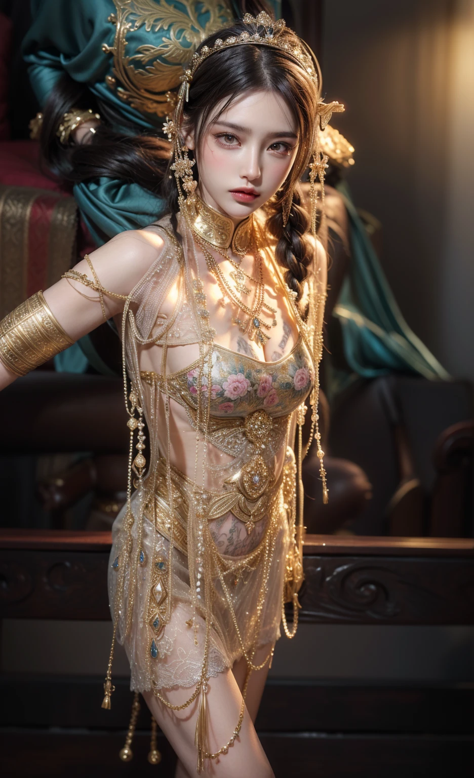 Royal sisters,Exquisite eyes,Frozen Queen,Put the crown on your head,Detailed facial expressions body,Tall and big,Glamorous characters,Leg length,4K,HD,Sensual,White translucent lace,白皙full image,Little cherry mouth,Beautiful and lovely,full image,Glossy Gel Coat,Vampire Queen in luxurious robes,Have a tattoo(Intricate tattoo designs),Ice Princess,Rich facial details,Gold diamonds,Luxurious and exquisite jewelry,Lace Printed Silk Dress,The ultimate in luxury clothing,sit on the chair,Cleopatra wearing luxurious and exquisite gold jewelry,Armbands and tattoos on arms,The ultimate in luxury,breasts symmetrical,