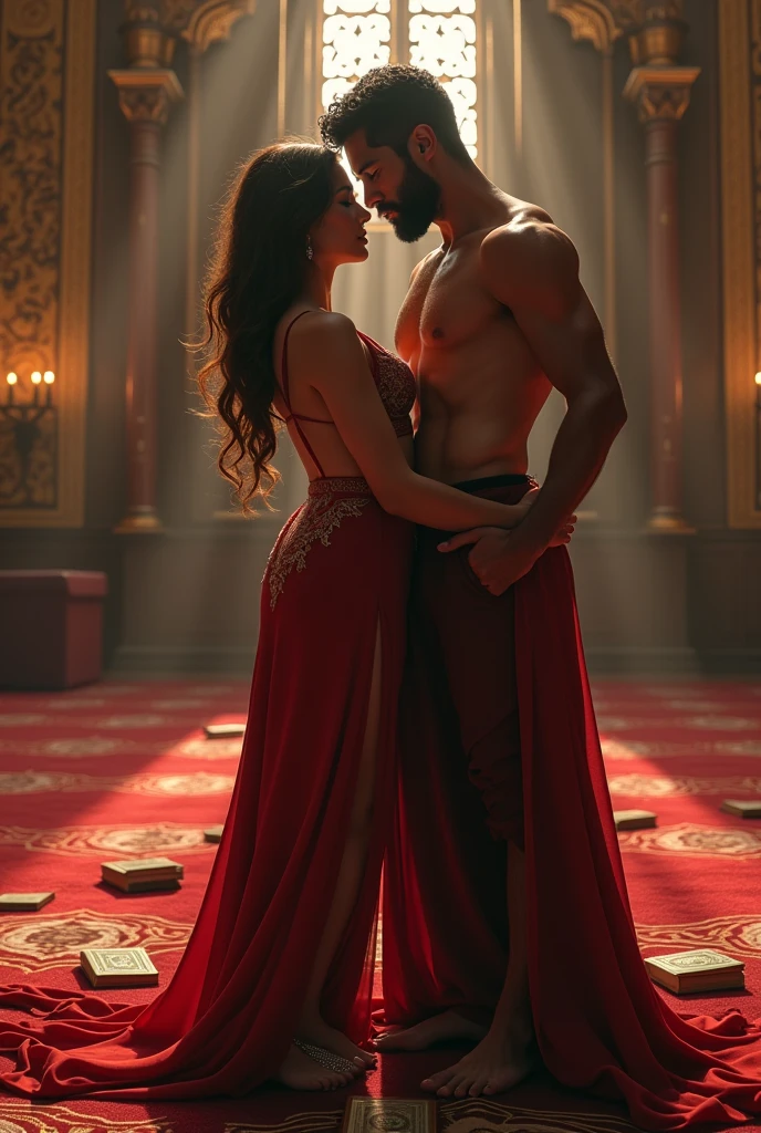 "Design an NSFW AI-generated image of an 1, Arabesque beauty with an hourglass figure, cinched waist, and generous double D breasts, her long, chestnut locks cascading down her naked form. Beside her, a chiseled Adonis, early 20s, stands at 6'5", his 220 lbs of solid muscle rippling with veins, short curly black hair, and a neatly trimmed, light black beard. Depict them in the midst of a massive, breathtaking Mosque, its intricate architecture and grandeur serving as a stark contrast to their depraved acts.
Capture the moment he, standing behind her, grips her generous hips, his thick 10 inch cock, veiny cock poised at her slick entrance, ready to desecrate the holy space. She, facing the grand altar, arches her back, her large breasts swaying, nipples hard with anticipation. Her long hair is a wild, dark river down her back, swaying with her eager movements.
Ensure the Mosque's details are vivid - the intricate calligraphy on the walls, the plush, red carpets now rumpled under their naked feet, the grand chandelier casting dappled light onto their sweat-slicked skin. Include the symbolic, golden mihrab niche, now a backdrop to their debauchery, and the ornate minbar, its steps stained with their lust.
Her breasts bounce with each thrust, her nipples brushing against the cold marble floor as she supports herself. Her toes perfectly curled.
He reaches around, his large hand finding her clit, rubbing in time with his thrusts. She gasps, her body tensing, her fingers digging into the marble. He leans over, his lips finding her neck, his teeth grazing her skin, marking her.
In the foreground, include a discarded hijab, its once-pristine white now marred by dust and their lovemaking. Scattered around them are Qurans, their holy pages turned to reveal images of their fornication, mocking the sacred texts.
Capture the raw, carnal nature of their act, the contrast between the divine and the depraved, the holy and the profane. Make it explicit, detailed.
