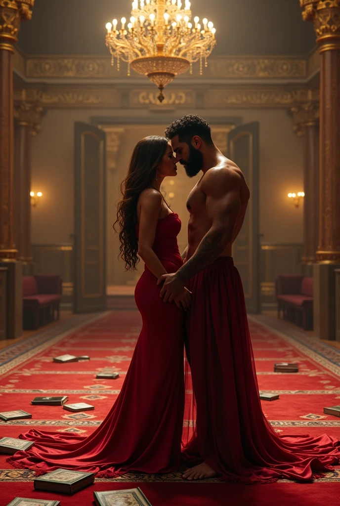 "Design an NSFW AI-generated image of an 1, Arabesque beauty with an hourglass figure, cinched waist, and generous double D breasts, her long, chestnut locks cascading down her naked form. Beside her, a chiseled Adonis, early 20s, stands at 6'5", his 220 lbs of solid muscle rippling with veins, short curly black hair, and a neatly trimmed, light black beard. Depict them in the midst of a massive, breathtaking Mosque, its intricate architecture and grandeur serving as a stark contrast to their depraved acts.
Capture the moment he, standing behind her, grips her generous hips, his thick 10 inch cock, veiny cock poised at her slick entrance, ready to desecrate the holy space. She, facing the grand altar, arches her back, her large breasts swaying, nipples hard with anticipation. Her long hair is a wild, dark river down her back, swaying with her eager movements.
Ensure the Mosque's details are vivid - the intricate calligraphy on the walls, the plush, red carpets now rumpled under their naked feet, the grand chandelier casting dappled light onto their sweat-slicked skin. Include the symbolic, golden mihrab niche, now a backdrop to their debauchery, and the ornate minbar, its steps stained with their lust.
Her breasts bounce with each thrust, her nipples brushing against the cold marble floor as she supports herself. Her toes perfectly curled.
He reaches around, his large hand finding her clit, rubbing in time with his thrusts. She gasps, her body tensing, her fingers digging into the marble. He leans over, his lips finding her neck, his teeth grazing her skin, marking her.
In the foreground, include a discarded hijab, its once-pristine white now marred by dust and their lovemaking. Scattered around them are Qurans, their holy pages turned to reveal images of their fornication, mocking the sacred texts.
Capture the raw, carnal nature of their act, the contrast between the divine and the depraved, the holy and the profane. Make it explicit, detailed.