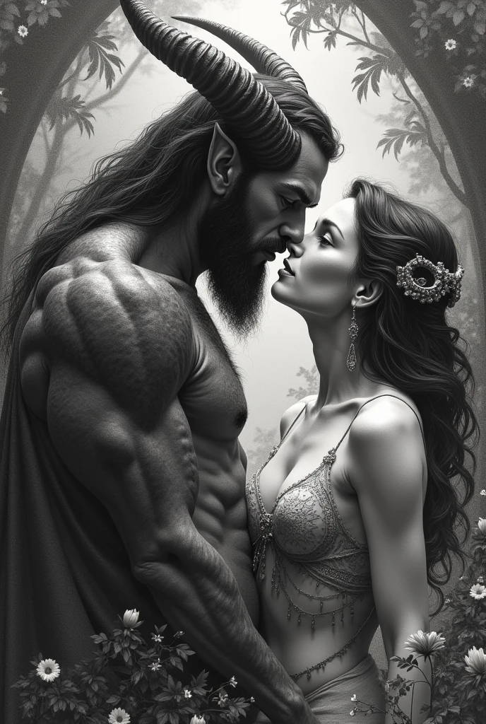 Human body of Popocatépetl and Iztlaciguatl carrying her on his arms and her fainted in a jungle background and