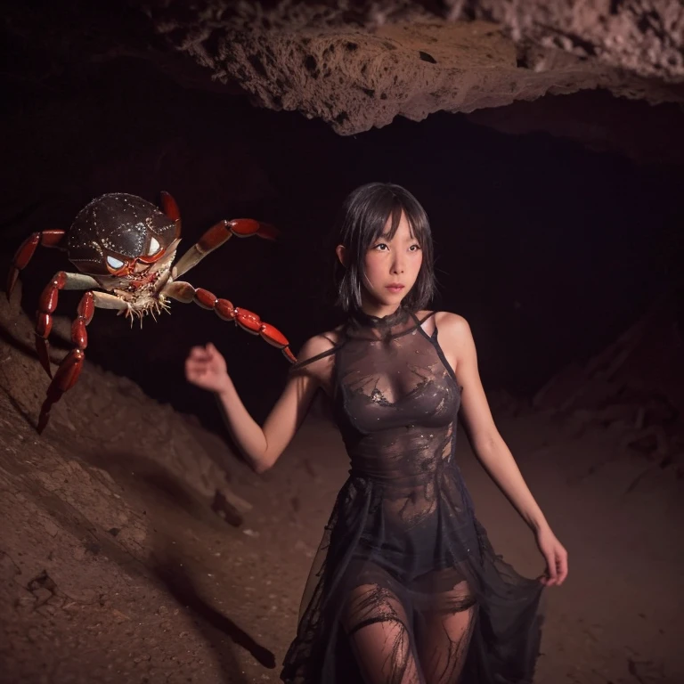 A creepy (crab|spider|alien) monster is pursuing the damsel (yuna, cute, torn black sheer dress, scratched and bloodied) through a dimly lit cavern with cobwebs