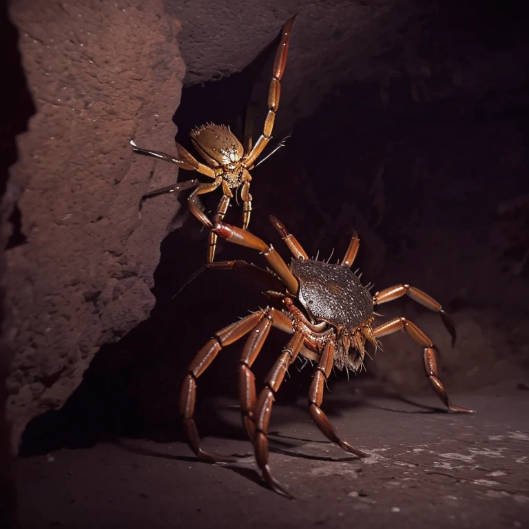 A creepy (crab|spider|alien) monster is pursuing the damsel (yuna, cute, torn black sheer dress, scratched and bloodied) through a dimly lit cavern with cobwebs