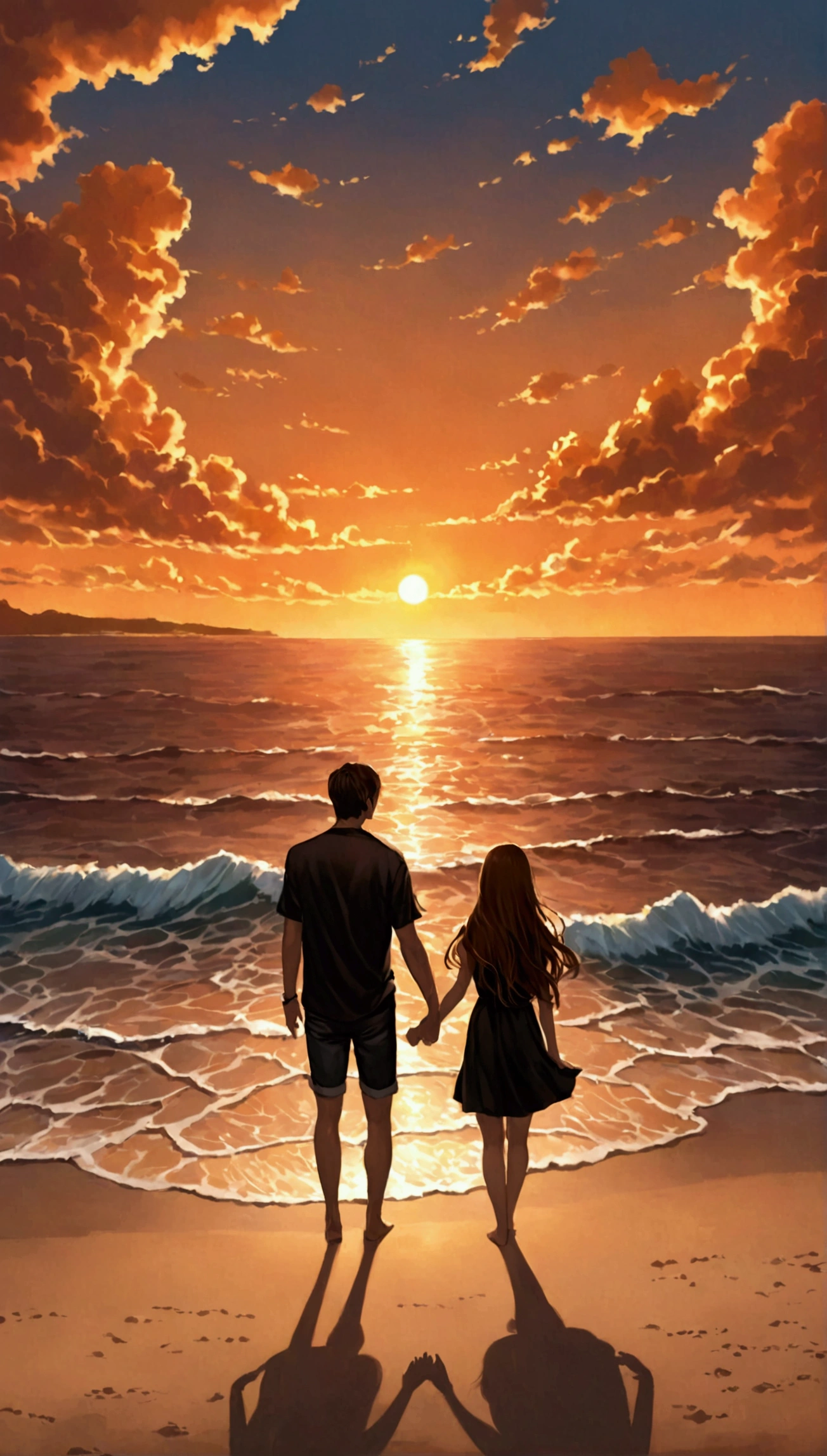 Couple sitting on the beach, holding hands and watching the sunset. The girl has long hair with fringes and wears a black short-sleeved shirt, while her boyfriend is tall with medium straight brown hair. The background is orange clouds against the sea. Realistic and looks like a real photograph. Beautiful sea and sky. High quality.