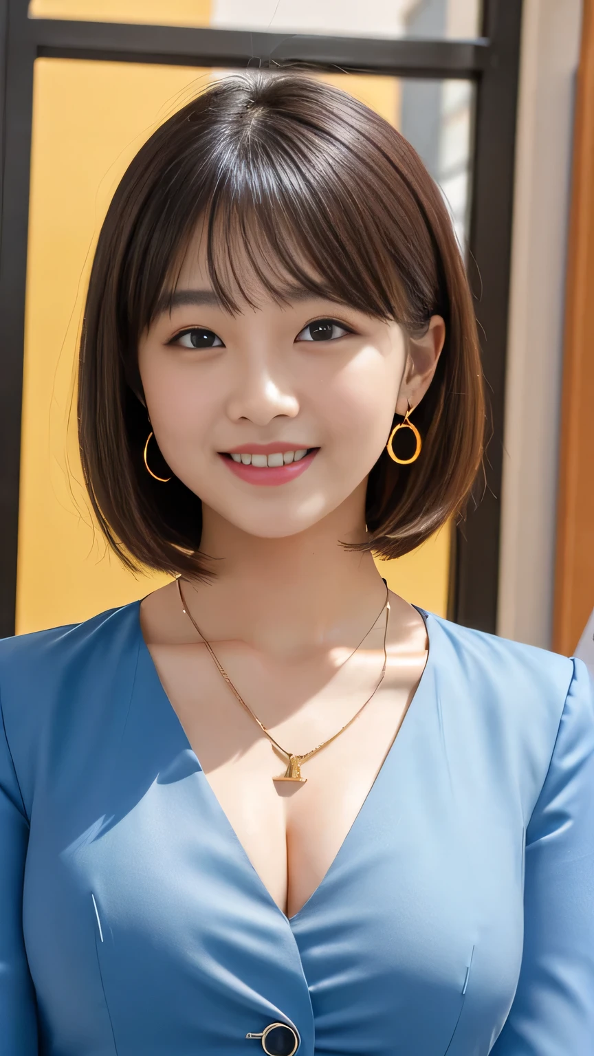 RAW Photos, High resolution, Very detailed, Intricate details, 、ear piercing、smile、short hair、Black Hair、Open your mouth a little、Clear beauty,(High quality fabric, Office Lady Suits 、Necklace around the neck、, The background is the office
