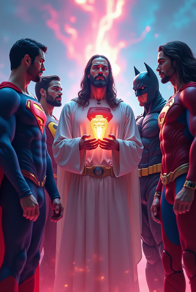 All the Super Heroes talking to Jesus Christ. digitl art, Neon, swirly vibrant colors, 8k