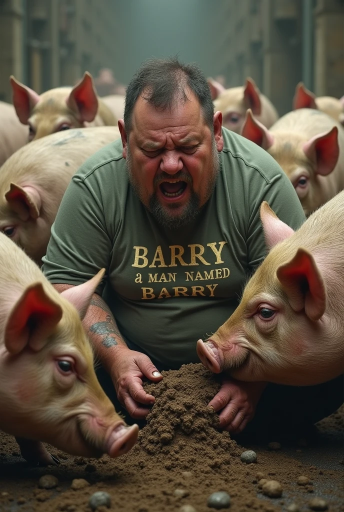 A man named Barry written on his shirt eating poop of pigs and make him fat Pigs surrounding him make him fat dirty