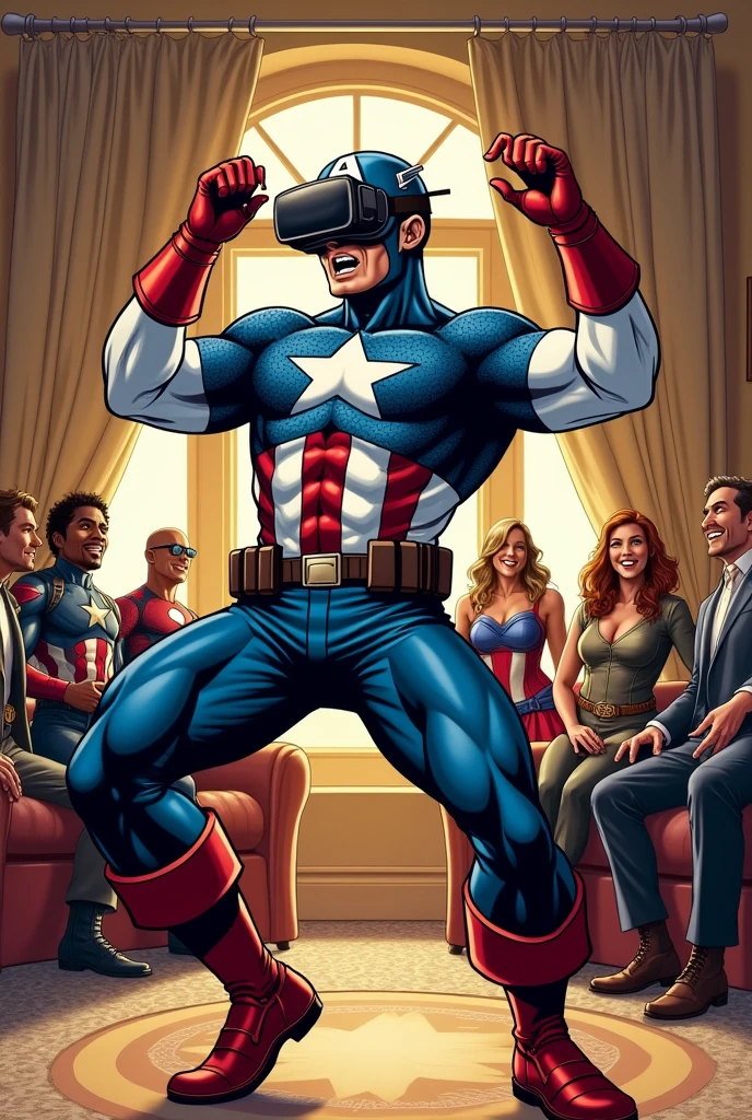 Captain America Breakdancing:Captain America, in his usual suit but with a VR headset on, is in mid-breakdance, spinning on his head with one hand in the air. His face shows confusion as his body uncontrollably moves in exaggerated dance poses. The background is a luxurious living room with the other heroes laughing.illustrated