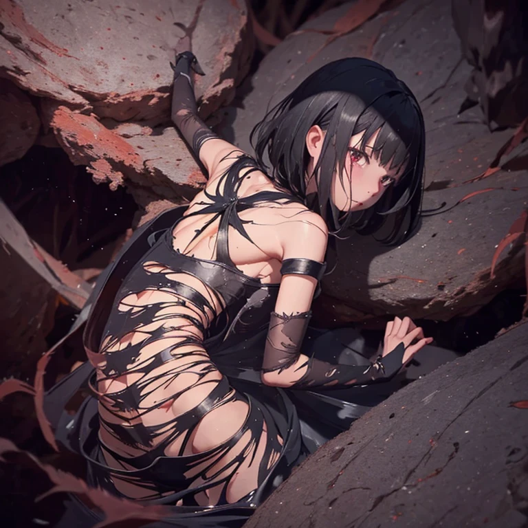 A creepy (crab|spider|alien) monster is pursuing the damsel (yuna, cute, torn black sheer dress, scratched and bloodied) through a dimly lit cavern with cobwebs