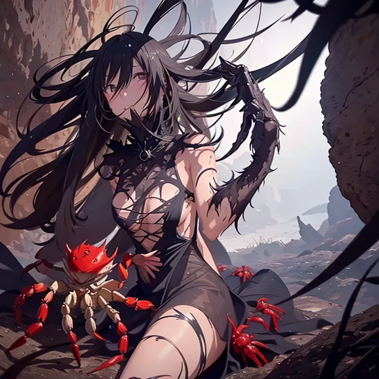 A creepy (crab|spider|alien) monster is pursuing the damsel (yuna, cute, torn black sheer dress, scratched and bloodied) through a dimly lit cavern with cobwebs
