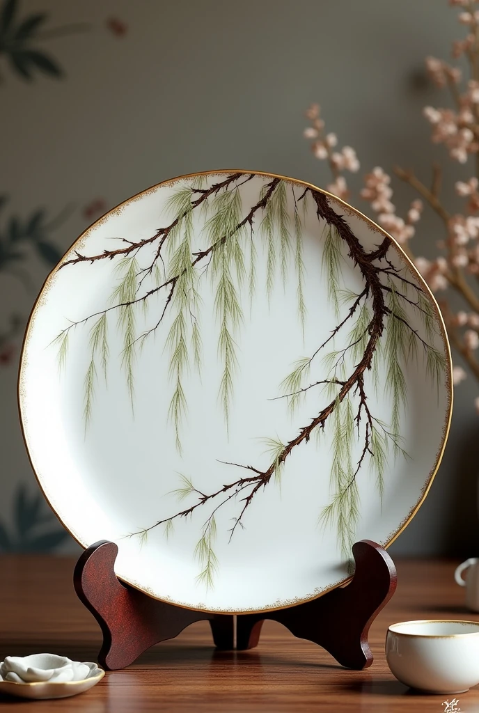 masterpiece、 Highest quality, Highly detailed、8k、 High resolution, item、Ceramic painted plate、Willow ink painting、