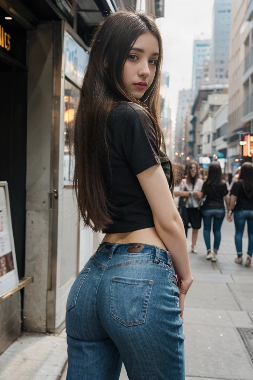 One girl, High resolution, Highest quality, Long Hair, Brown Hair, Thin limbs、9 heads、Big butt、Thin waist、jeans、short length t-shirt、Standing in the city
