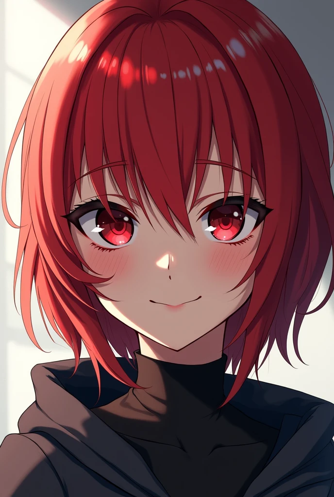 an anime girl, redhead and bright red eyes,with a killer look and smile,with cold clothes