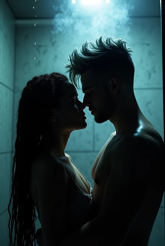 Show me a dark scene at night of a shower with steam through the fogged glass with drops very detailed you can see the silhouette of a woman with black hair with dreadlocks casual and that of a man with short hair shaved on the sides black with white bangs disheveled romantic dynamic poses