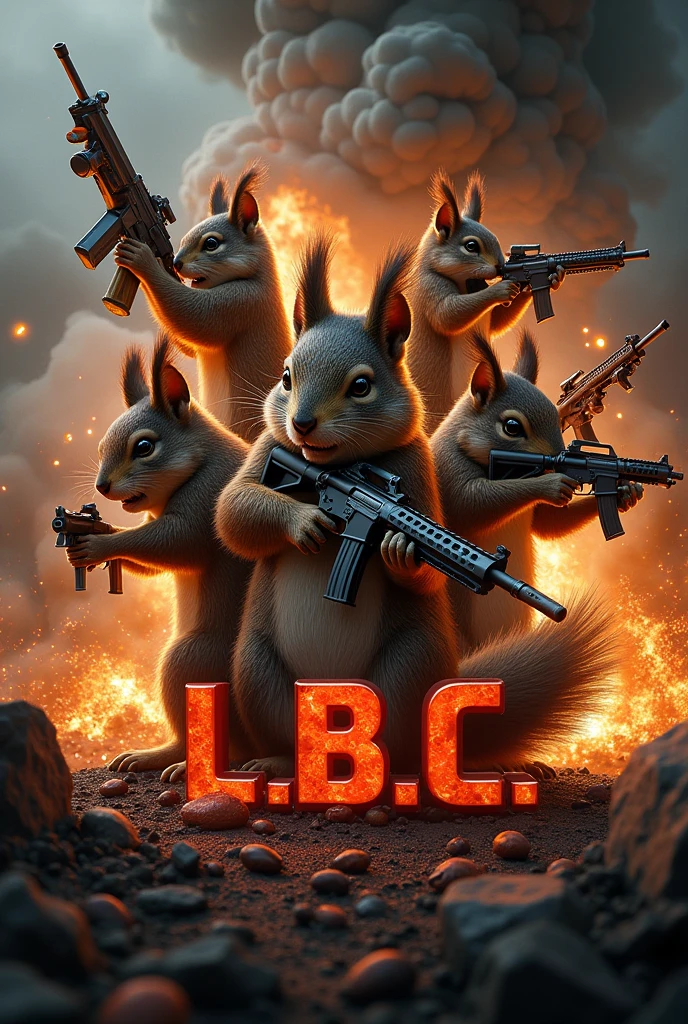 A logo with the initials "L.b.c" with realistic squirrels with realistic weapons and violent explosions
