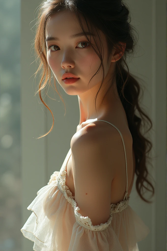 Picture the soft, diffused light filtering through a delicate lace curtain, casting a soft glow on the girl's face and figure. The gentle play of light and shadow highlights her natural beauty and creates a sense of intimacy and vulnerability