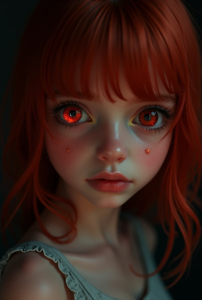 1 girl, star eye, blush, perfect lighting, Red hair, Red eyes, unreal engine, side lighting, detailed face, hits, shiny skin, simple background, dark background