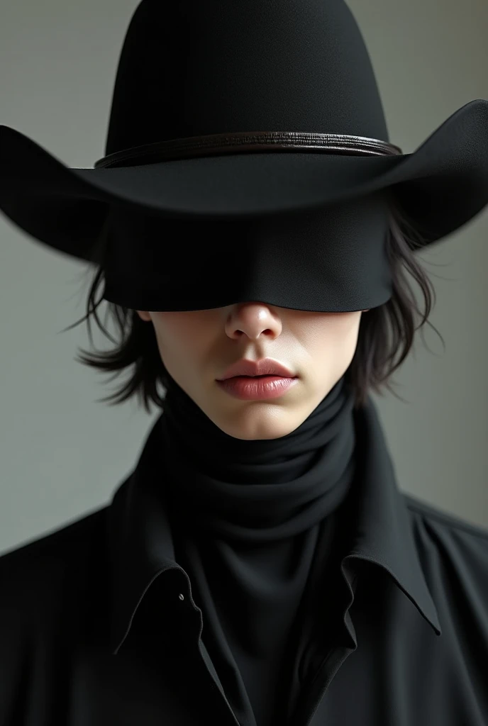 (photorealism:1.2) light skinned man blindfolded with black cloth and black cowboy hat, black shirt, black hair.