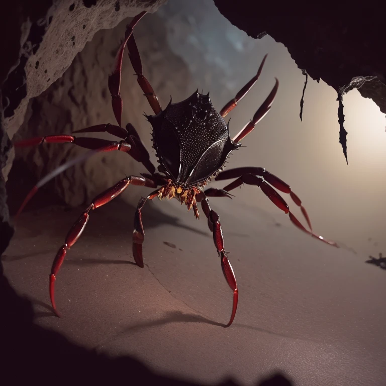 A creepy (crab|spider|alien) monster is pursuing the damsel (yuna, cute, torn black sheer dress, scratched and bloodied) through a dimly lit cavern with cobwebs
