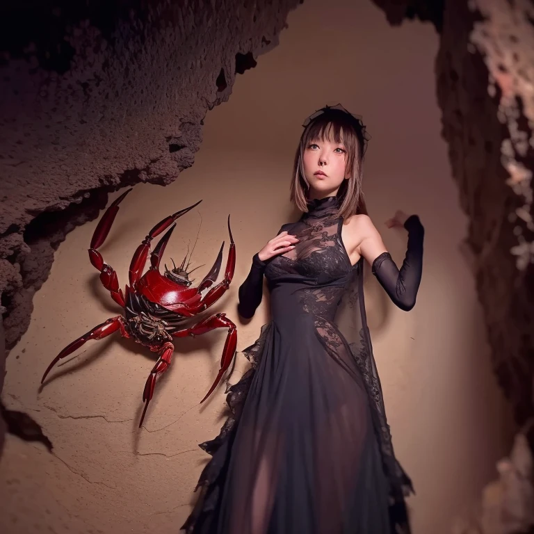 A creepy (crab|spider|alien) monster is pursuing the damsel (yuna, cute, torn black sheer dress, scratched and bloodied) through a dimly lit cavern with cobwebs