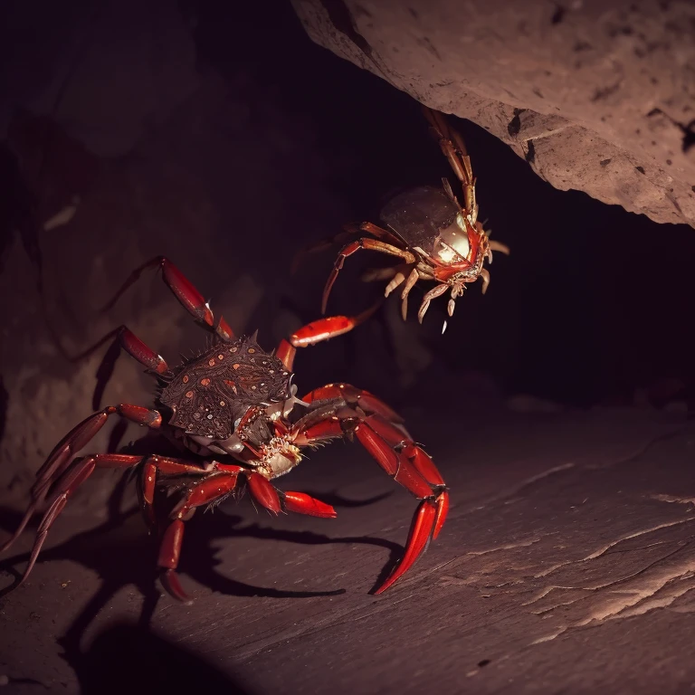 A creepy (crab|spider|alien) monster is pursuing the damsel (yuna, cute, torn black sheer dress, scratched and bloodied) through a dimly lit cavern with cobwebs
