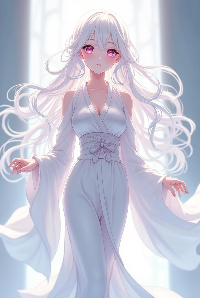 Adult female anime character, long white hair, pink eyes, White skin, long white kimono with a bow