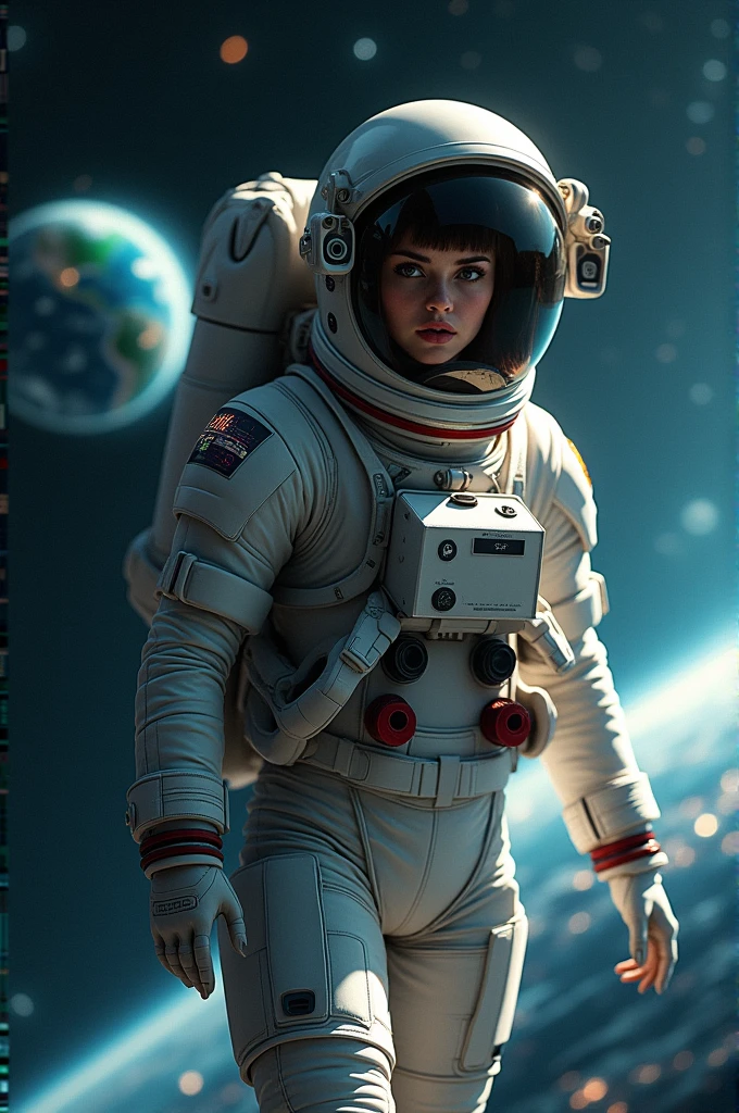 Make a female astronaut without halmate . Background is in space. Make it in 9:16 ratio
