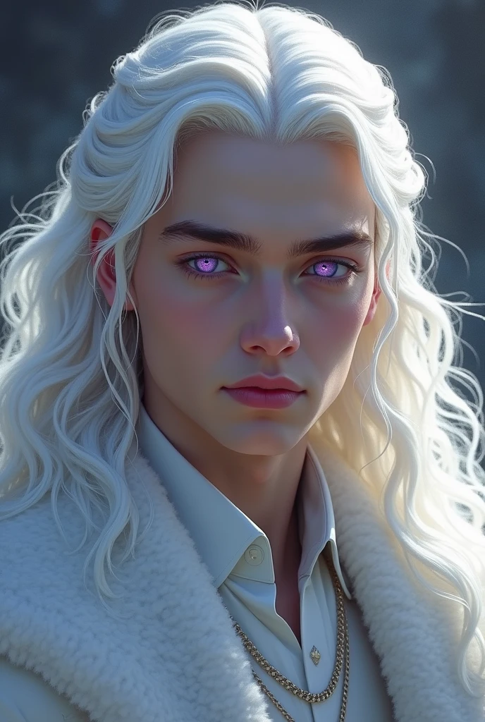 Handsome man,Skin as white as milk,Long hair,Handsome guy,No mustache,Prince Targaryen from the series of the dragons, A young man with glowing platinum hair resembling an ancient Valyrian,Light lilac Purple eyes