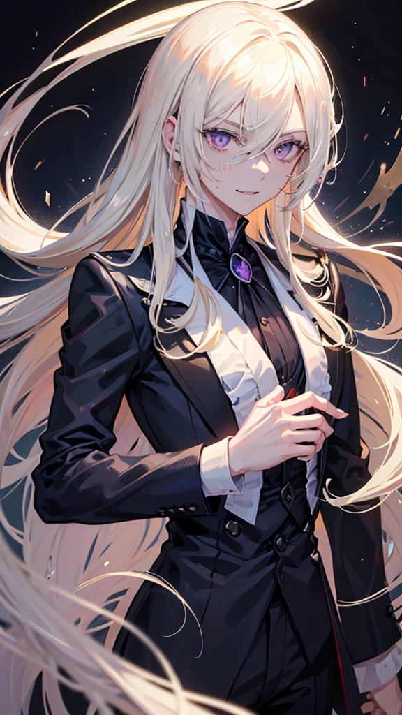 Anime style image of a man with long blonde hair wearing a black suit and white shirt, purple eye, a character portrait inspired by Yamagata Hiro, pixiv, what is?, delicate androgynous prince, guapo drow, beautiful androgynous prince, Johan Liebert mixed with Alucard, handsome boy with eye patch, handsome anime man, smile, language, language fuera, drooling, expressions, Moaning, instead, 