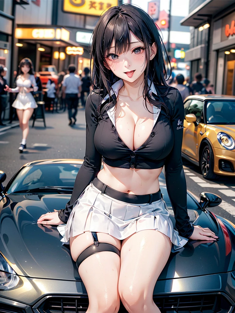 ((Highest quality)), ((masterpiece)), (detailed), One person,Age 25,Race Queen,model,(Sit on the hood of a car),(White mini skirt),(Blue tops),(Open the buttons on your shirt),Navel exposed,Big Breasts,blush,Underbust,(Her cleavage is visible),(Excited expression),(Captivating look),Several men with cameras,(modelの女の子を囲みます),(Excited Men).Browsing Caution,sexy,(Put your hands together)Sweat,(Black garter belt),(Move your tongue up and down),