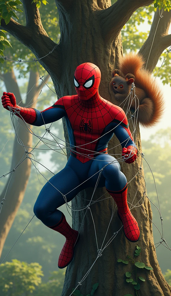 Spider-Man Tangled in a Tree**: Spider-Man caught in a tree with his web stuck all around him. A curious squirrel sits nearby, watching the chaos.