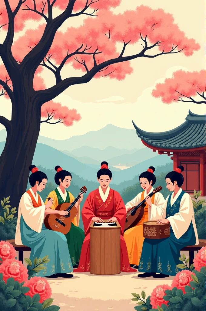 A stylized illustration of a Korean Gugak ensemble performing a traditional piece. The musicians are wearing vibrant hanboks and playing a saenghwang, geomungo, janggu, and buk. The background features a blooming cherry tree and a traditional Korean pavilion.