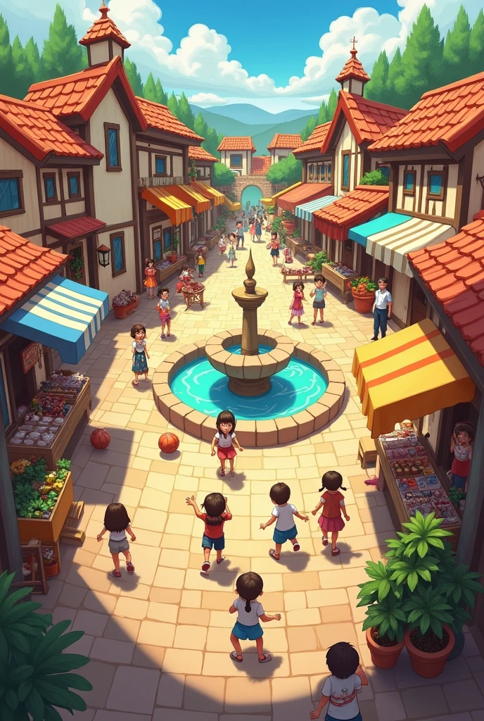 Opening Scene: The Village Square
Image: A quaint village square bustling with activity. Stalls with colorful banners, children playing, and a cart with festive decorations.