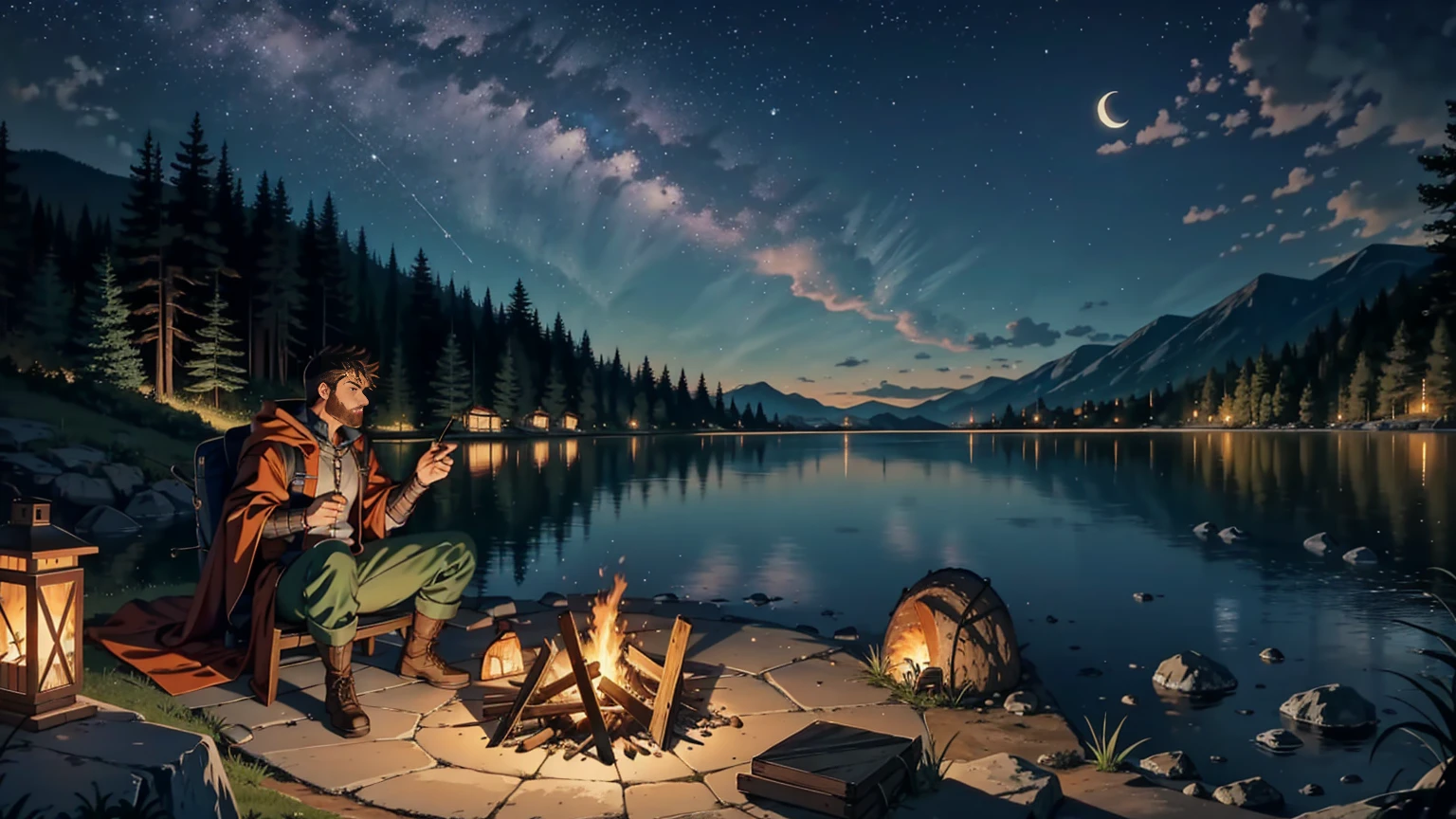 A serene riverside setting at night, where a male adventurer is camping by a warm, glowing campfire. The adventurer is a rugged man with short brown hair, wearing leather armor and a dark green cloak. He sits on a log near the fire, his face illuminated by the flickering flames, with a thoughtful expression. Around him, there are some simple camping gear, like a small tent, a backpack, and a cooking pot hanging over the fire. The river flows gently beside him, reflecting the light of the starry sky and a crescent moon. The atmosphere is peaceful, with the sounds of nature and the crackling of the fire creating a sense of solitude and adventure.