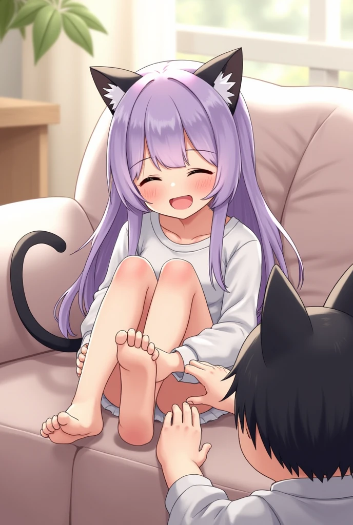 A cat girl with light purple hair and ears in casual clothes resting on a couch javing the soles of her feet tickle by a cat boy with black hair and ears, the girl's expression is laughter, both characters are over 1