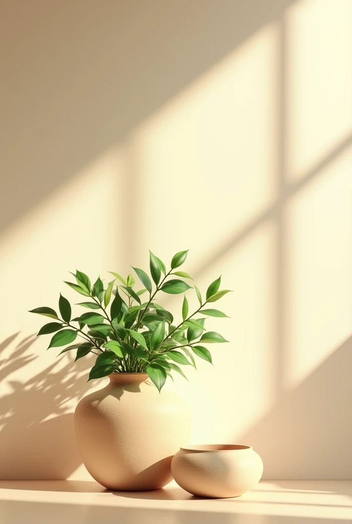 There are two matte beige ceramic textured ones in front of the sunny wall in the fresh morning(master art work)There is a green plant on it. Jianfu style art style high resolution image. Surreal texture high resolution., Digital painting, Delicate
