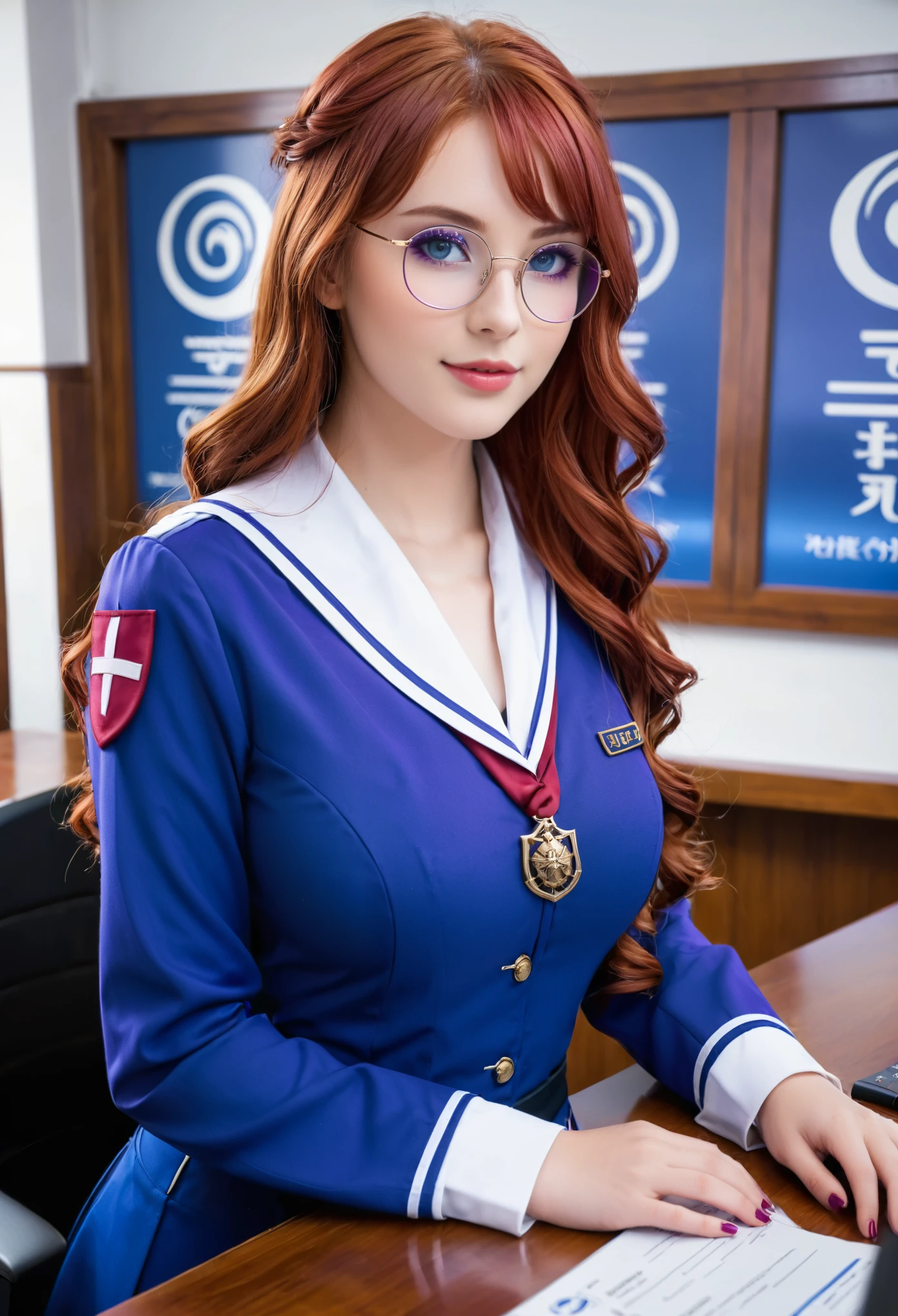 Guild girl, receptionist, ((medieval fantasy)), (another world), , red hair, wavy long hair, purple eyes, glasses, big breasts, receptionist uniform, blue and white uniform, calm atmosphere, reception counter ,analog,